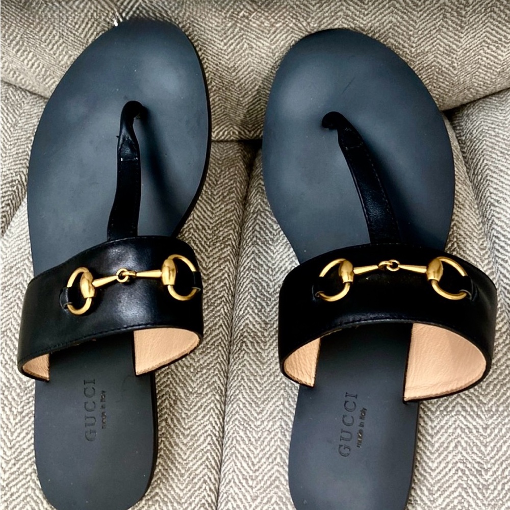 Gucci Black Leather Sandals with Gold Accents